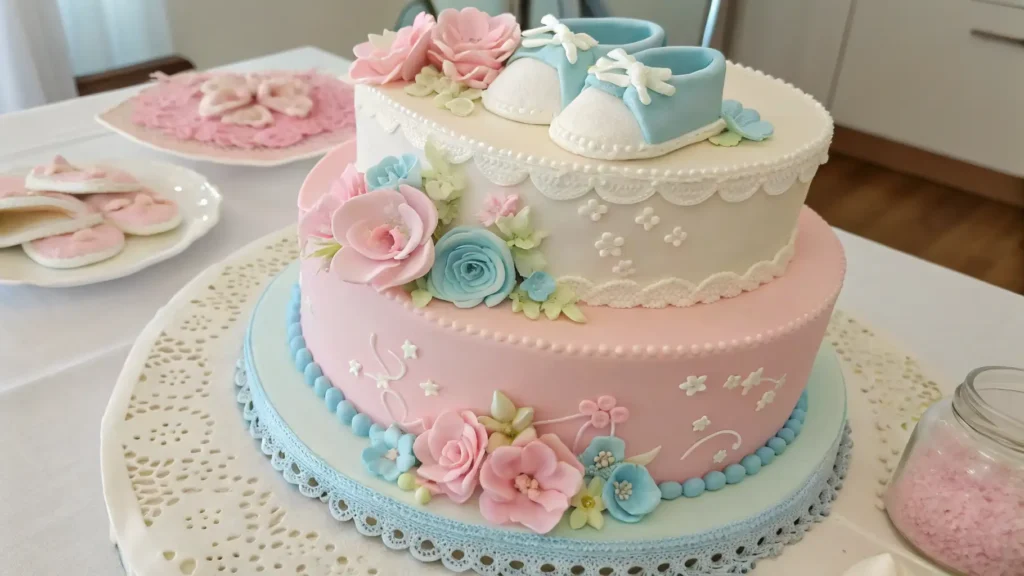 Beautifully decorated baby shower cake with fondant booties and pastel colors.