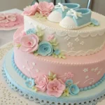 Beautifully decorated baby shower cake with fondant booties and pastel colors.