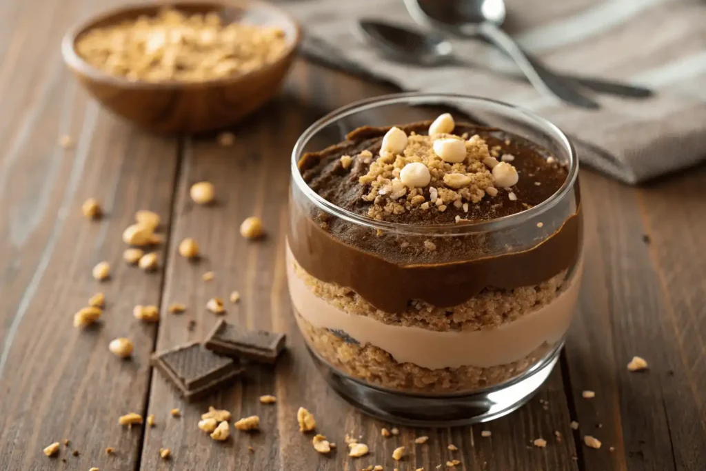 Chocolate Hazelnut Dessert in a Glass1 Preparing Chocolate Hazelnut Dessert in a Glass with whipped Nutella cream and crushed biscuits.