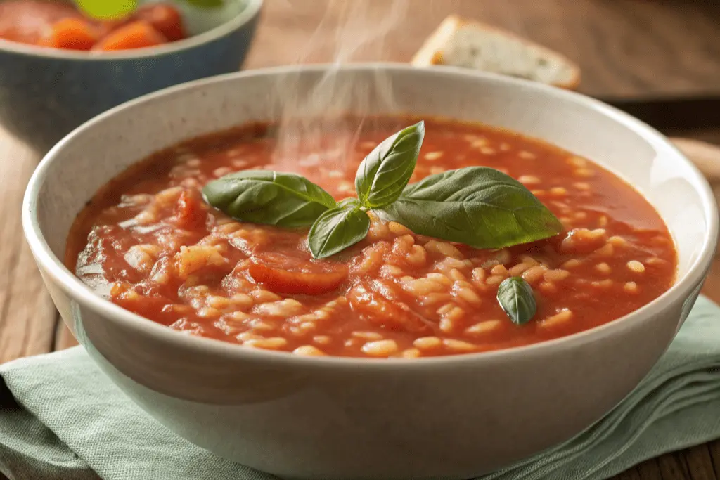 tomato rice soup1 Person cooking tomato rice soup with ground tomatoes in a kitchen.