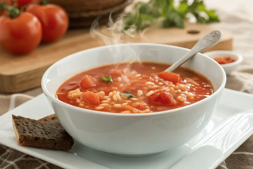 tomato rice soup2 tomato rice soup with ground tomatoes and fresh basil.